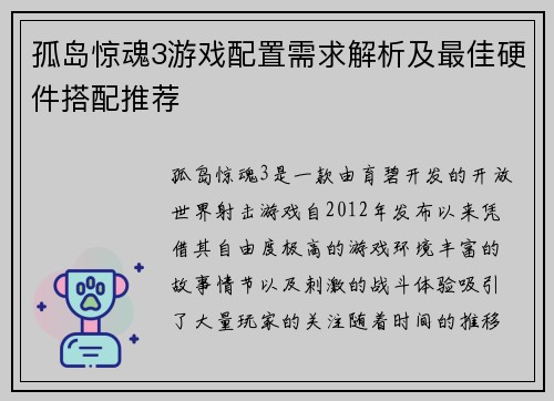 孤岛惊魂3游戏配置需求解析及最佳硬件搭配推荐